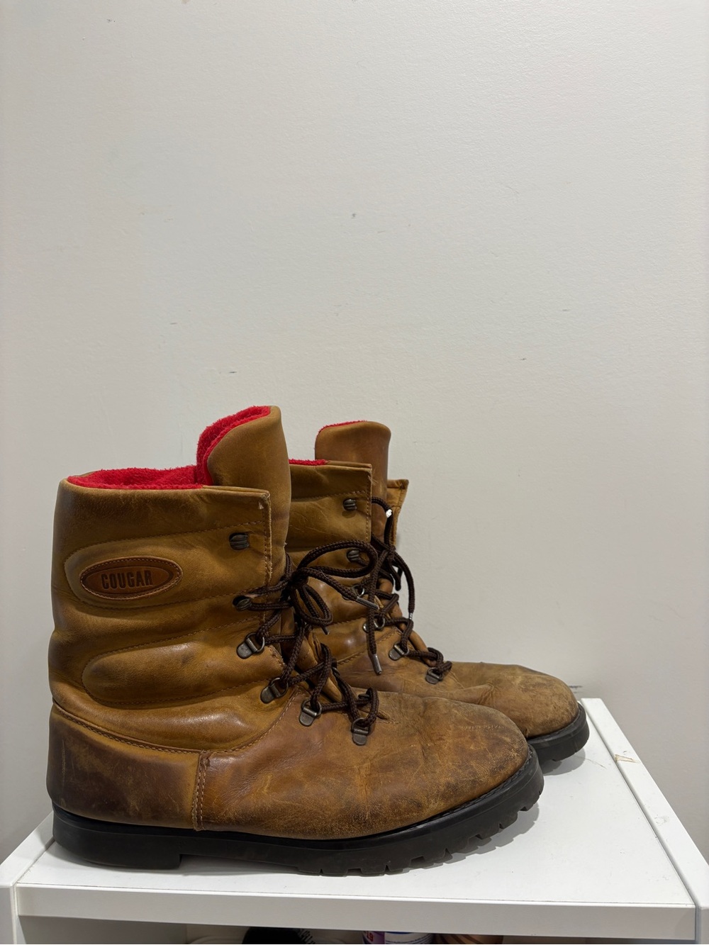 Vintage Cougar Brown Leather Lace-Up Boots with Red Interior Mens 11